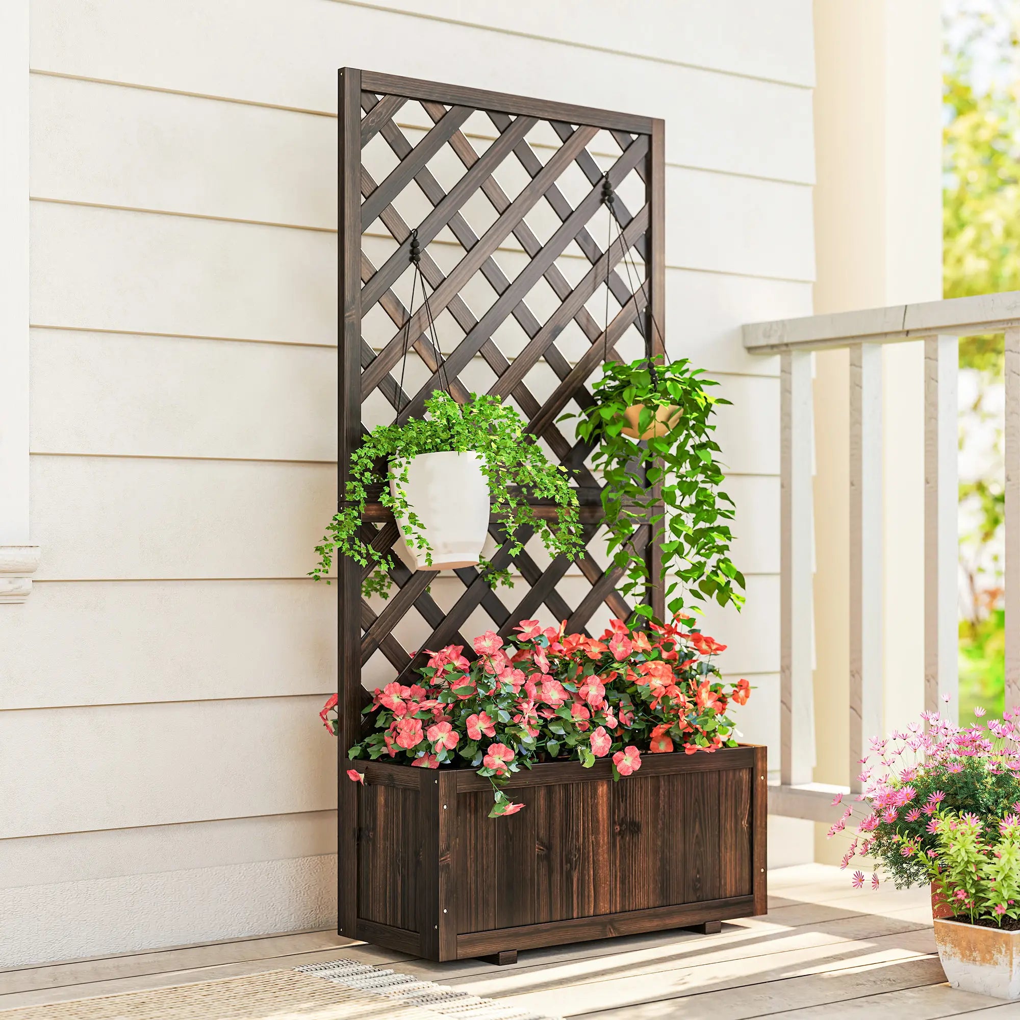 2.4 x 1 x 4.9 ft Wooden Pine Trough Planter with Trellis, Carbonized Wooden Planter Boxes at Gallery Canada