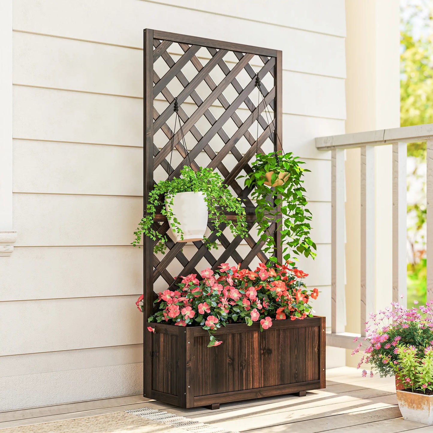 2.4 x 1 x 4.9 ft Wooden Pine Trough Planter with Trellis, Carbonized Wooden Planter Boxes at Gallery Canada
