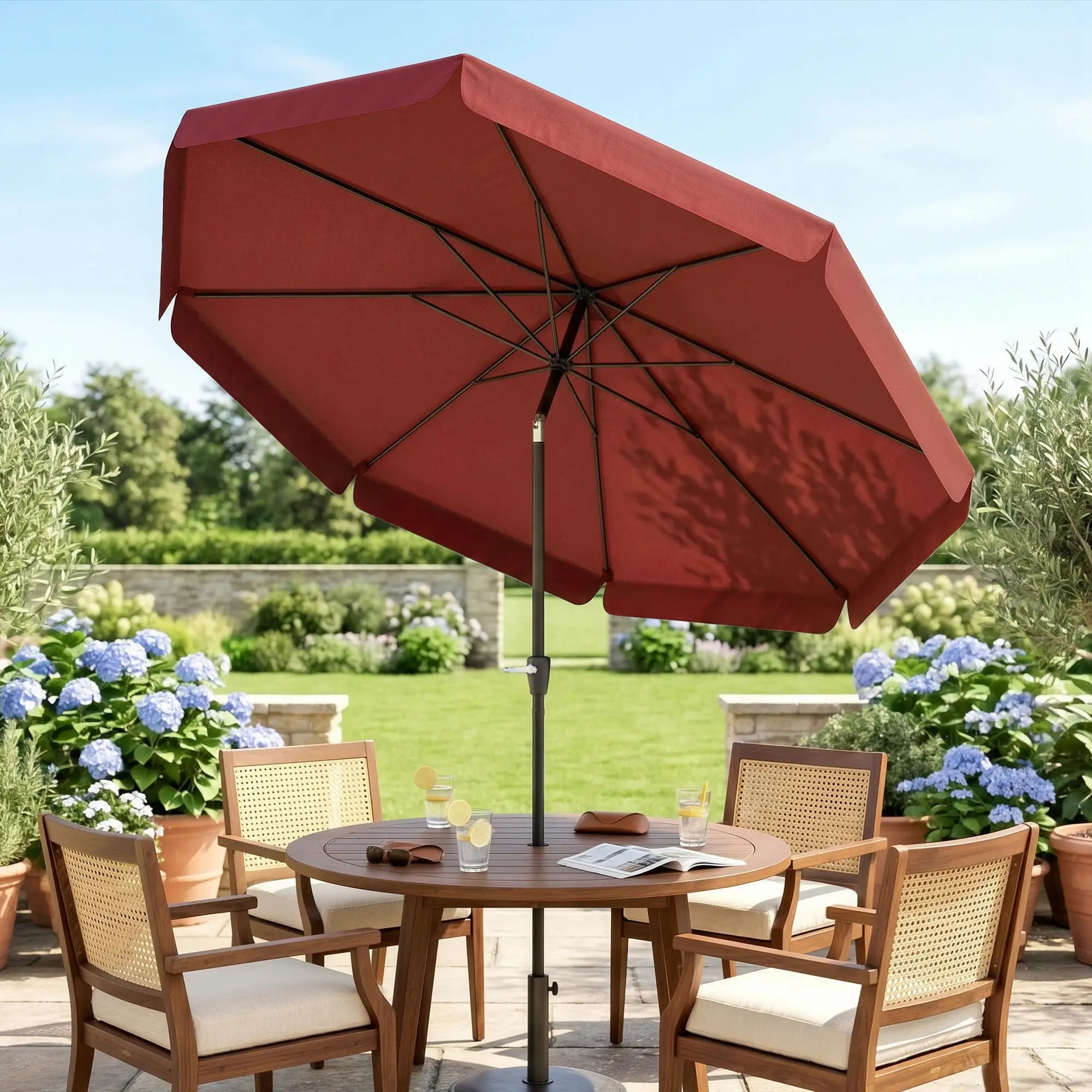 8.5 ft Round Patio Umbrella, Tilt and Crank, Wine Red Sun Umbrellas at Gallery Canada
