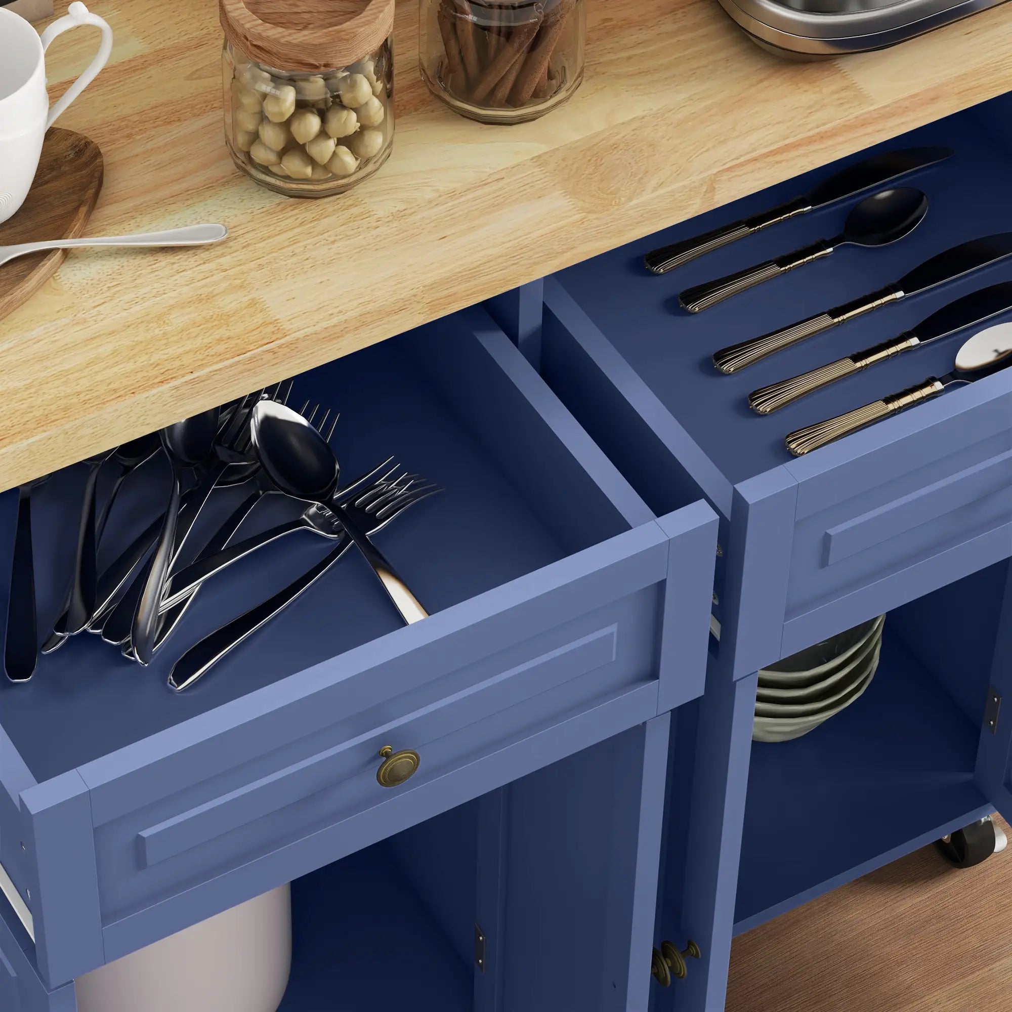 Kitchen Island with Storage, Rolling Cart, Rubber Wood Top, Navy Blue Kitchen Islands & Kitchen Carts at Gallery Canada
