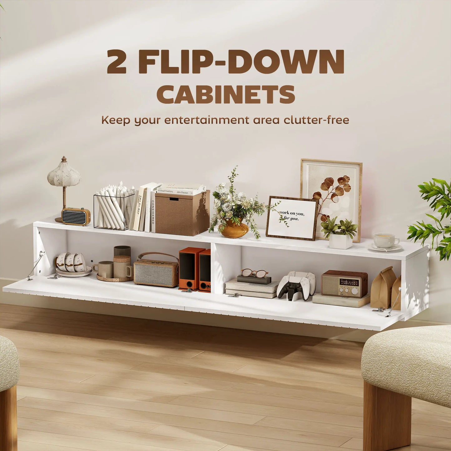 55 Inch Floating TV Stand, Wall Mount Media Console, 2 Fluted Doors, White TV Stands at Gallery Canada
