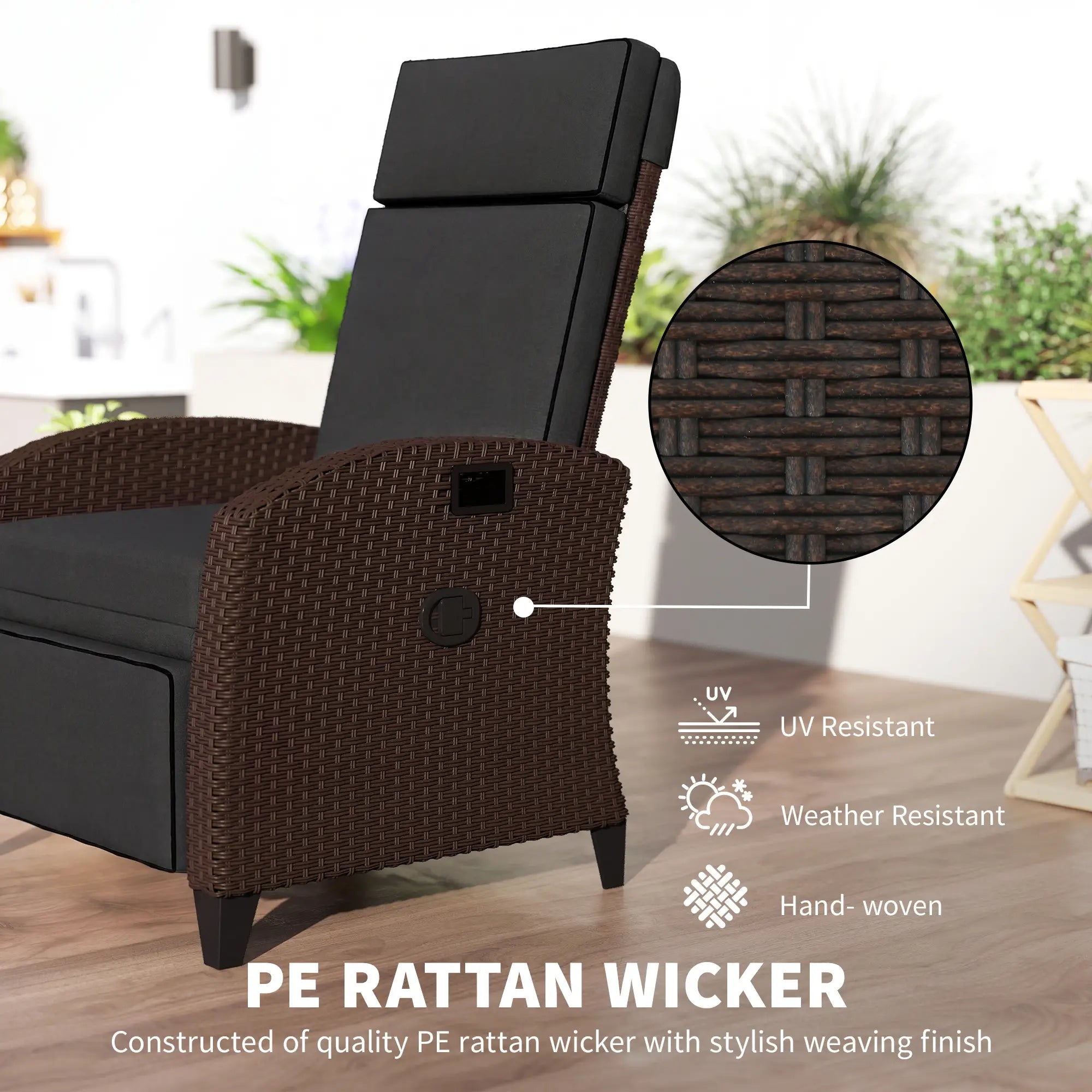 Outdoor Recliner Chair, Adjustable Backrest, Cushion, Side Tray, Black Wicker Chaise Loungers at Gallery Canada
