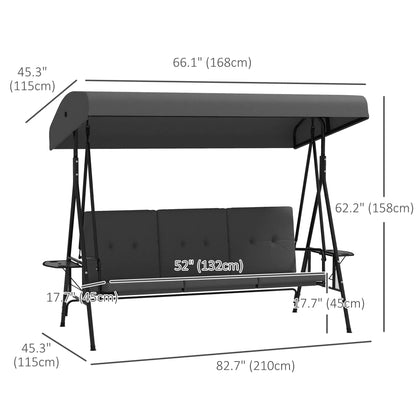 3-Seat Outdoor Swing With Adjustable Canopy, Side Tray, Removable Cushion, Grey