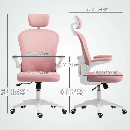 Mesh Office Chair, Adjustable Headrest, 4D Lumbar Support, Flip-Up Arm, Pink Office Chairs at Gallery Canada