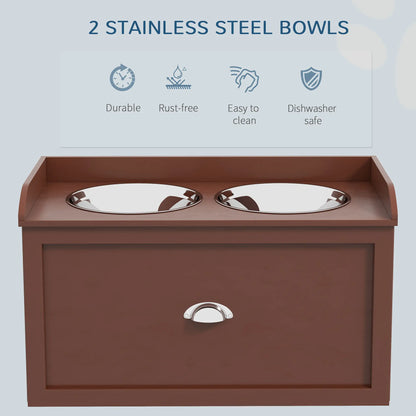 Raised Dog Bowls with Storage, 2 Stainless Steel Bowls, 23.6"x11.8"x14.2", Brown Dog Bowls at Gallery Canada