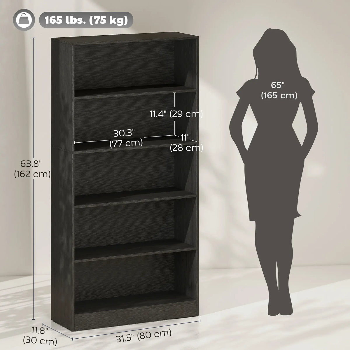 5-Tier Bookshelf With LED Lights, Cable Holes, Black Wood Grain