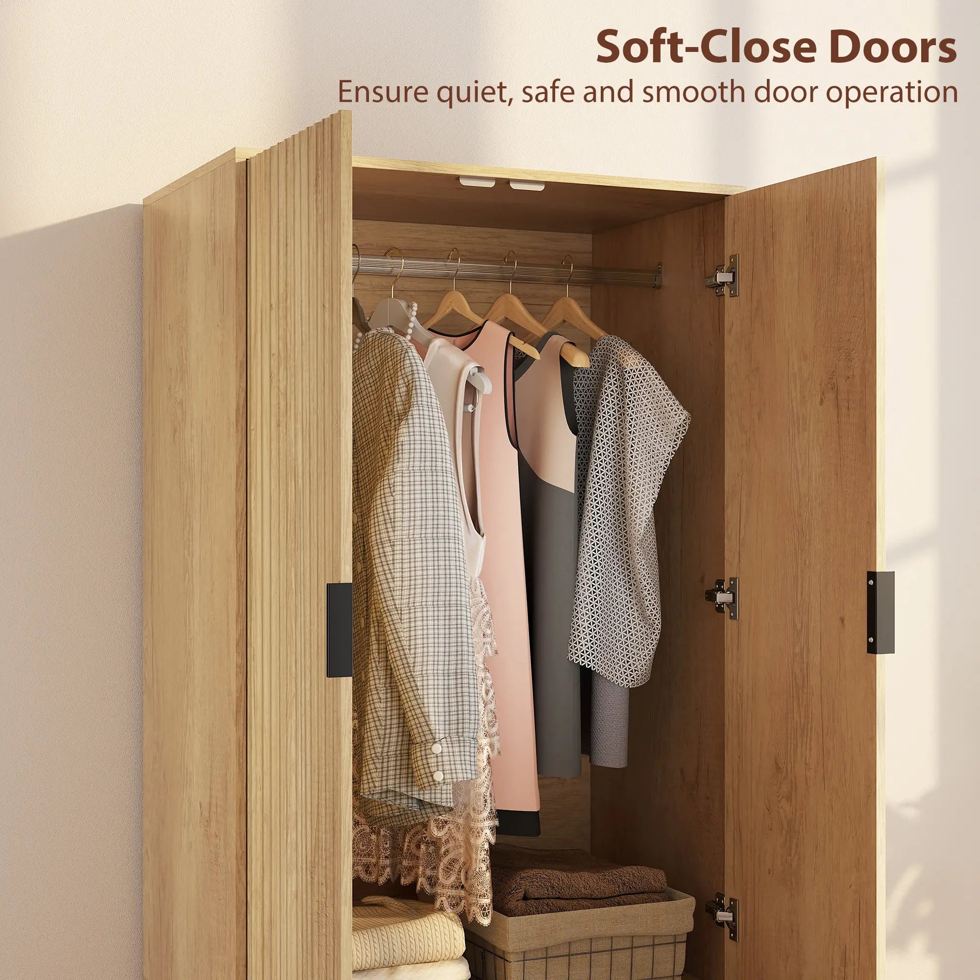 Modern Wardrobe Closet, Freestanding Armoire, 2 Drawers, Hanging Rod, Natural Clothing Storage at Gallery Canada