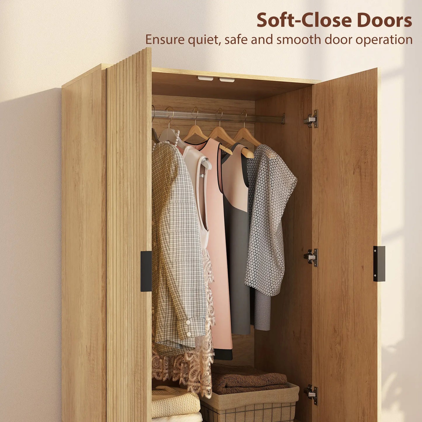 Modern Wardrobe Closet, Freestanding Armoire, 2 Drawers, Hanging Rod, Natural Clothing Storage at Gallery Canada