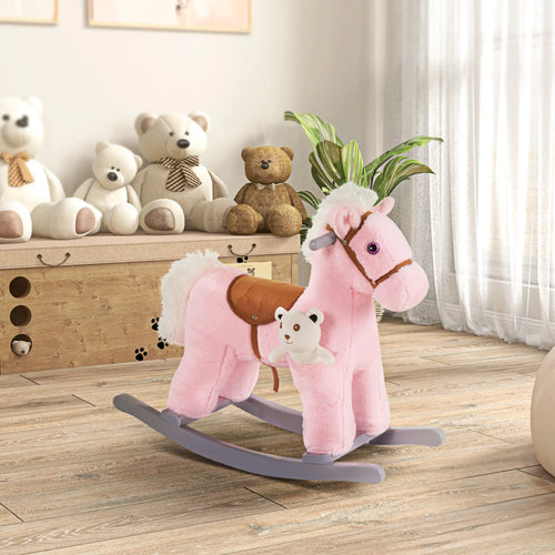Kids Plush Ride-On Rocking Horse, Soft Bear Toy, Realistic Sounds, Pink