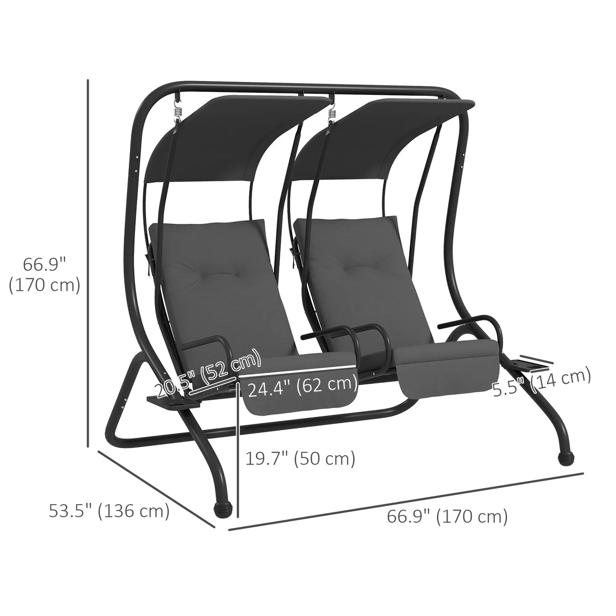 2-Seater Outdoor Porch Swing with Canopy, Grey Patio Swings with Stand at Gallery Canada