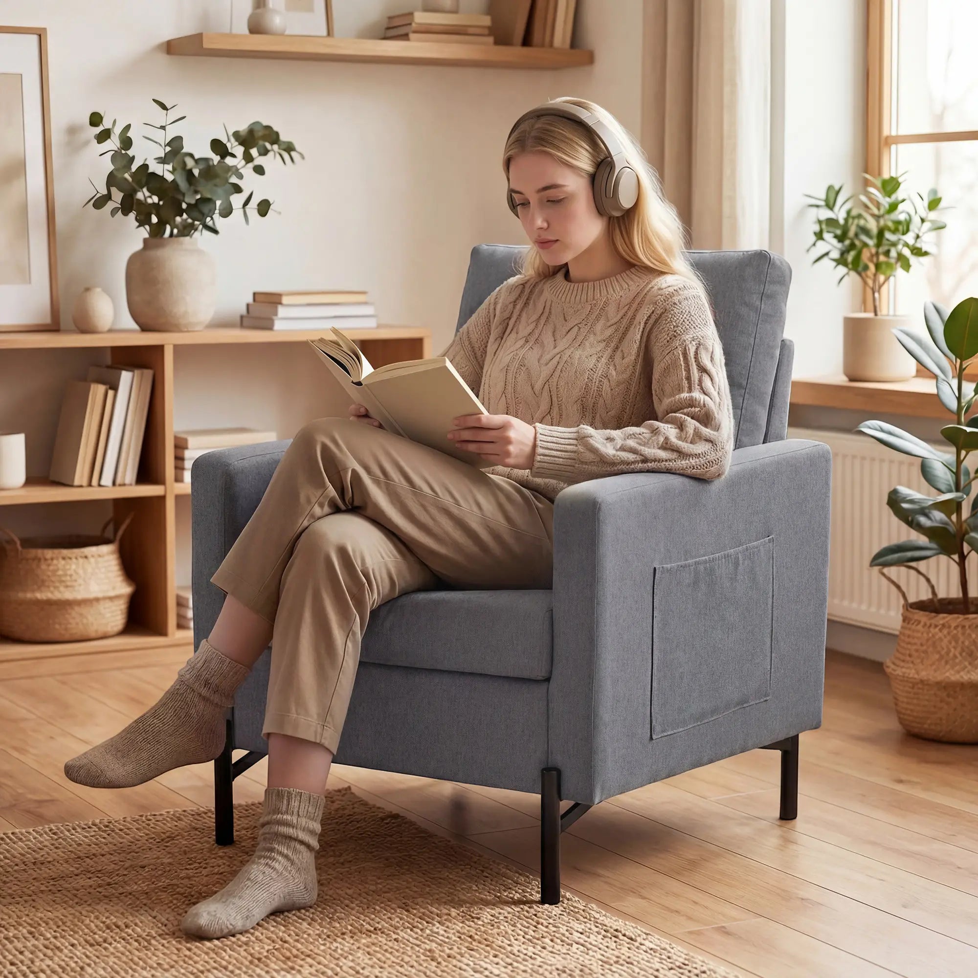 Modern Upholstered Armchair With Side Pockets, Cushion, Dark Grey Accent Chairs at Gallery Canada