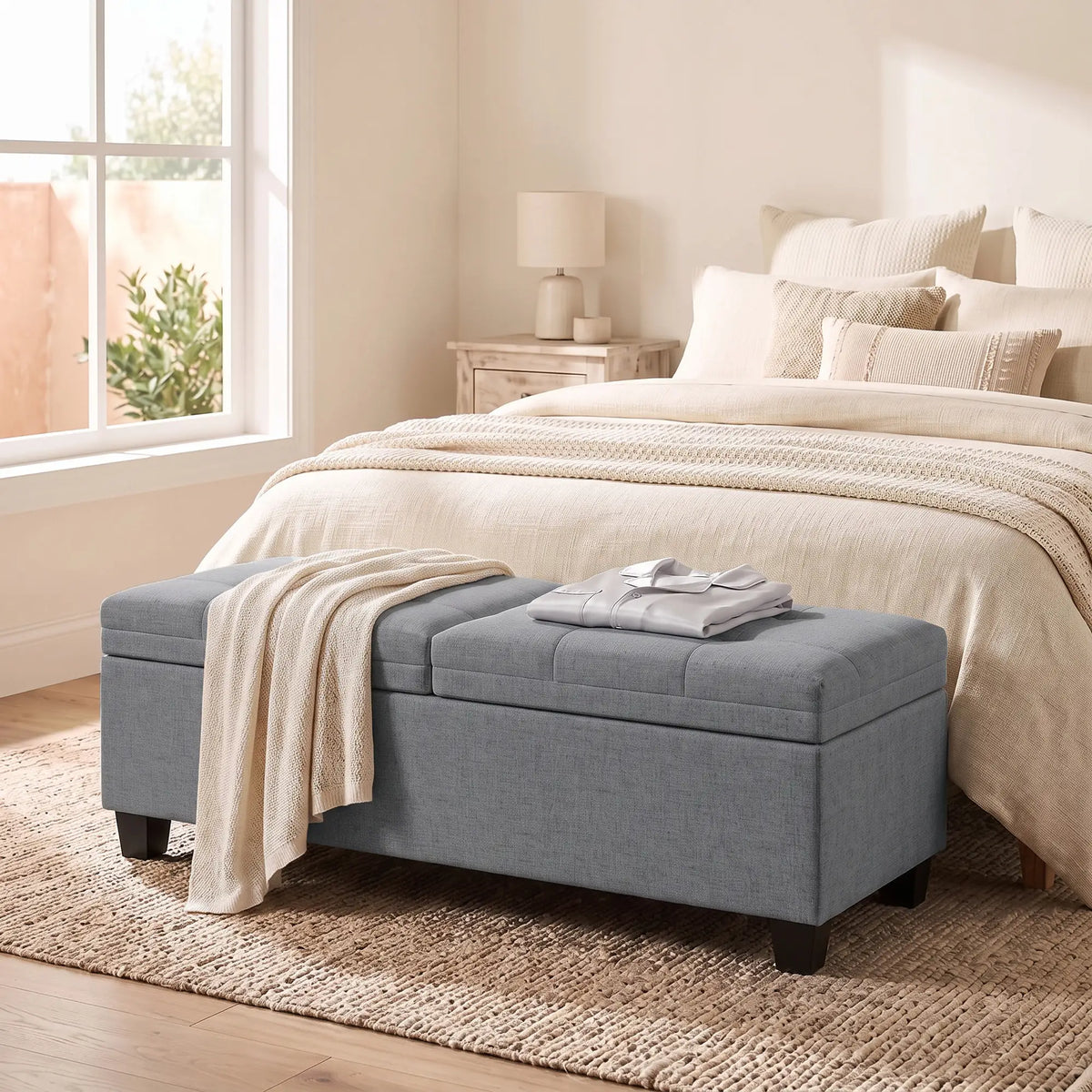 51.2" Storage Ottoman Bench, 2 Compartments, Dark Grey, Dark Grey