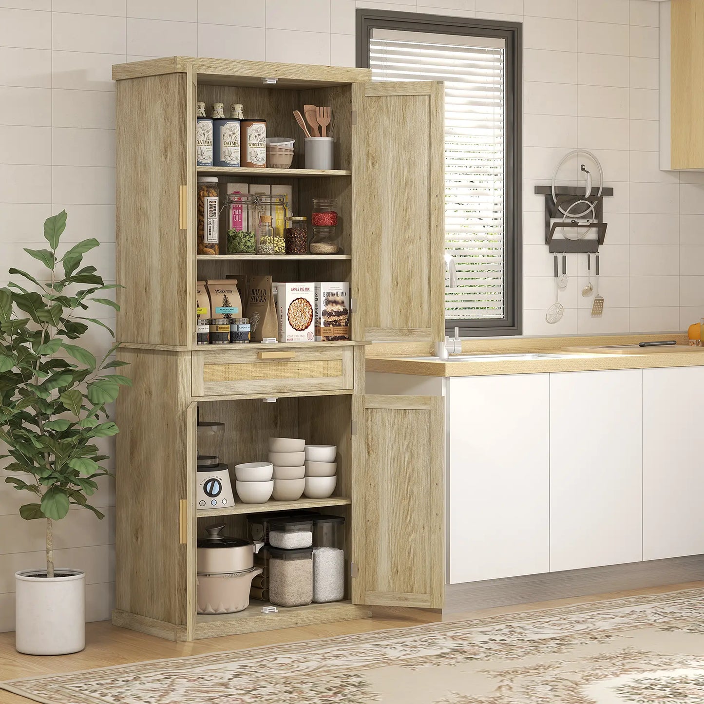 72" Kitchen Storage Cabinet, Rattan Pantry, 4 Doors, Drawer, 5-Tier Shelf, Oak Kitchen Pantry Cabinets at Gallery Canada