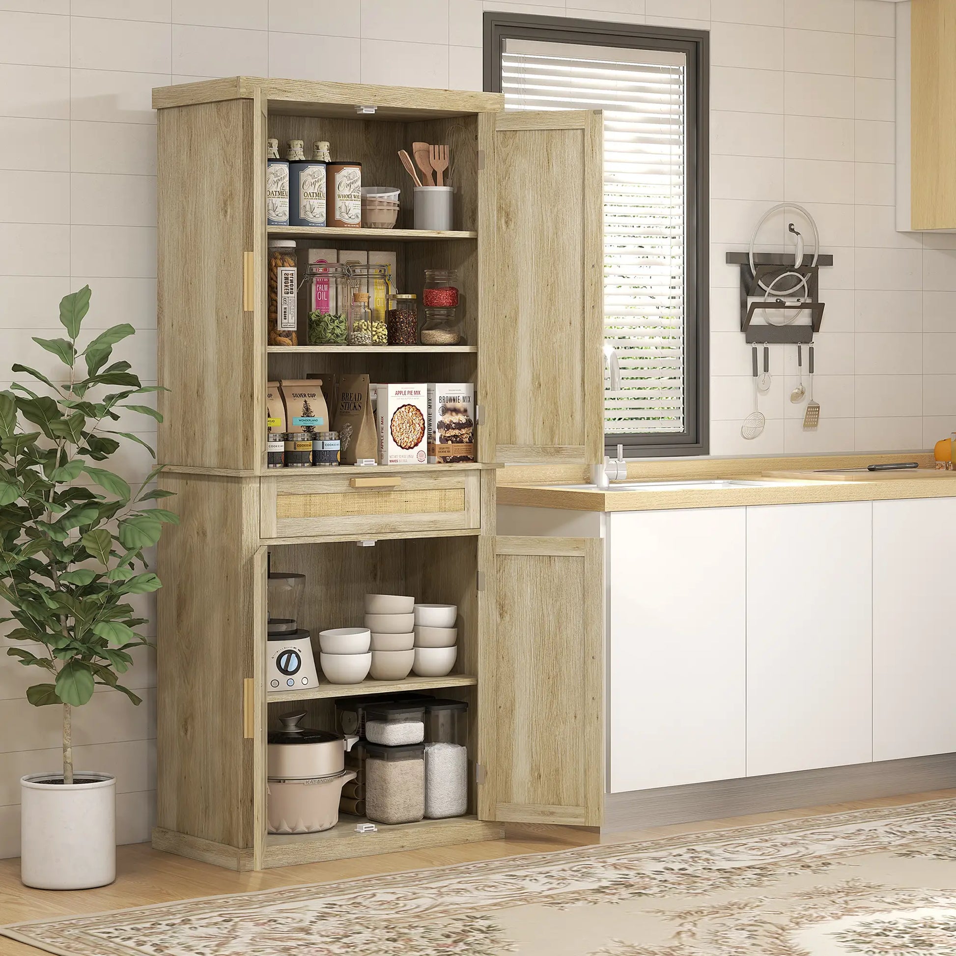 72" Kitchen Storage Cabinet, Rattan Pantry, 4 Doors, Drawer, 5-Tier Shelf, Oak Kitchen Pantry Cabinets at Gallery Canada