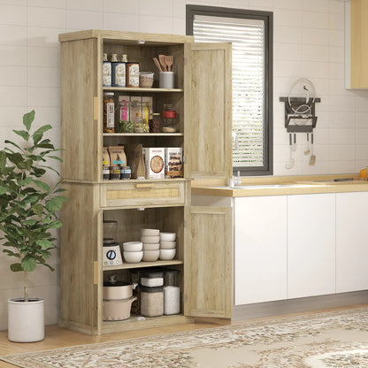 72" Kitchen Storage Cabinet, Rattan Pantry, 4 Doors, Drawer, 5-Tier Shelf, Oak Kitchen Pantry Cabinets at Gallery Canada