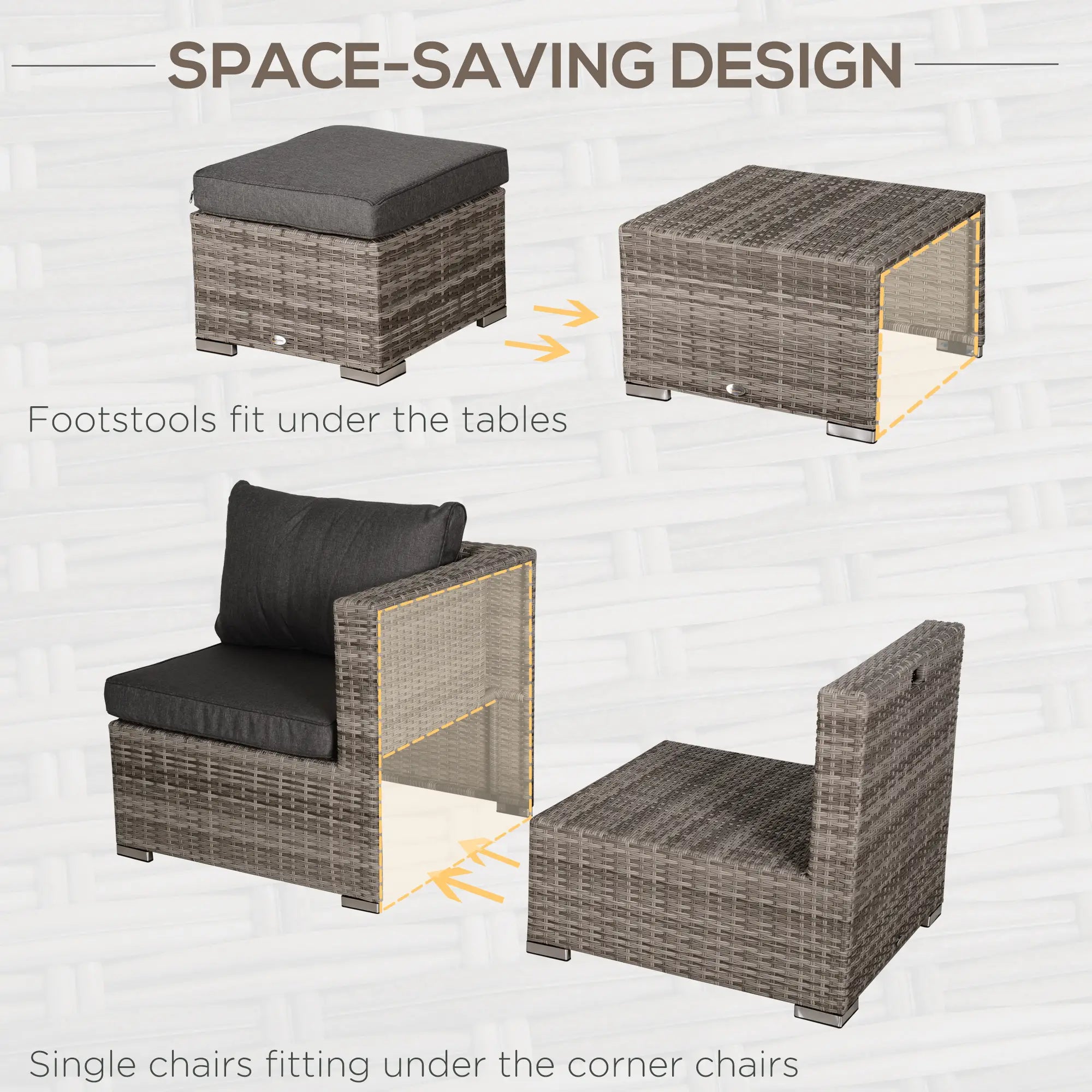 8-Piece Patio Furniture Set, Outdoor Wicker Rattan Sofa, Tea Table, Footstool, Grey & Orange Patio Furniture Sets at Gallery Canada
