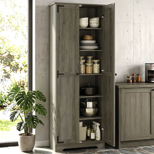 67" Farmhouse Pantry Cabinet, 2 Doors, Adjustable Shelves, Distressed, Grey Storage Cabinets Distressed Grey at Gallery Canada