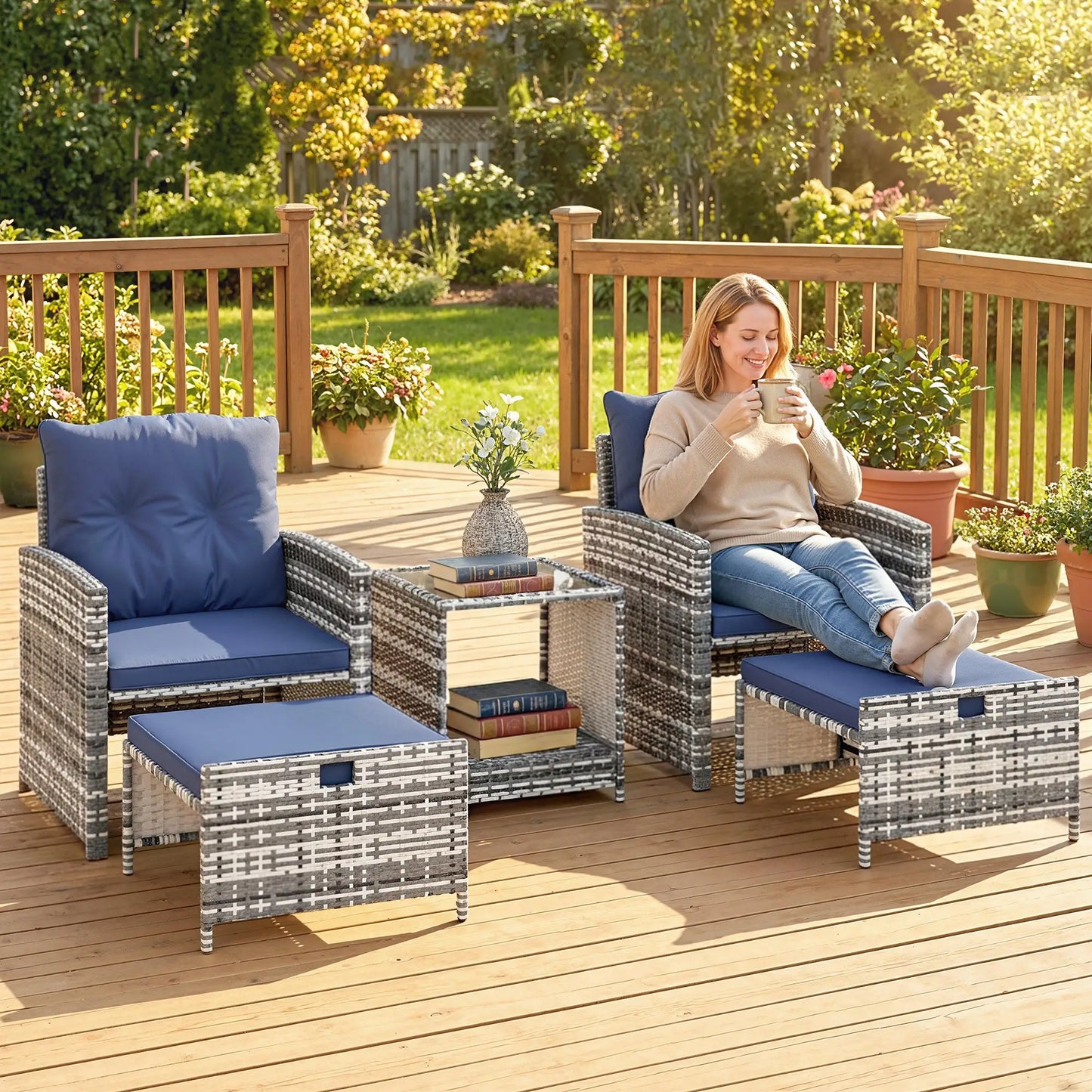5 Piece Patio Furniture Set, Wicker Chairs With Ottomans, 2-Tier Glass Coffee Table, Grey/Dark Blue Patio Furniture Sets at Gallery Canada