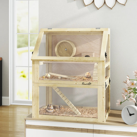 Wooden Hamster Cage, 3 Tier Gerbil Cage, 24" x 16" x 29.5", Hut, Seesaw, Wheel Hamster Cages Natural at Gallery Canada
