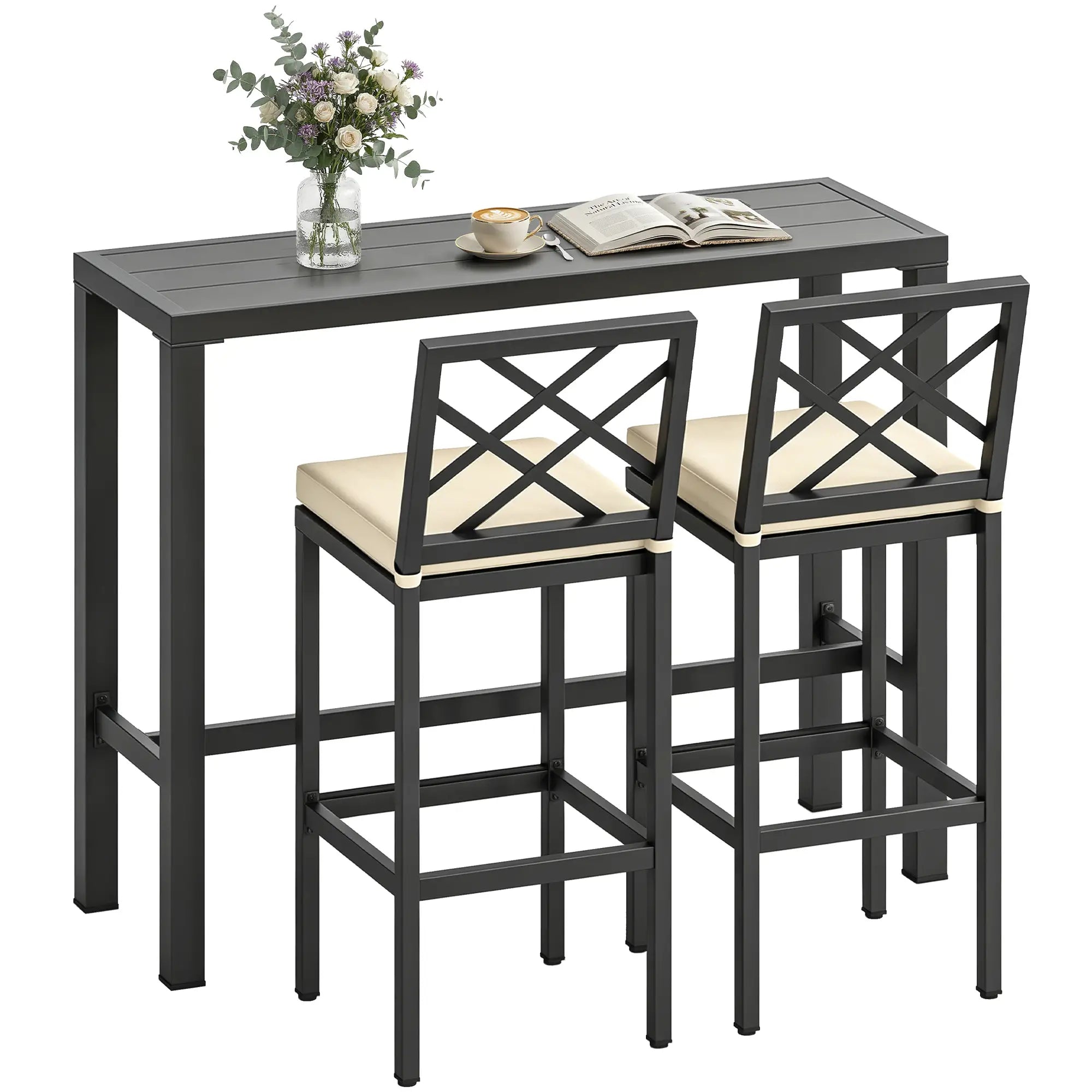 3 Piece Patio Bar Set, Outdoor Bar Table and Stools, Electrophoresis Steel Tabletop, X Back, Footrest, Cushions, Khaki Bistro Sets at Gallery Canada