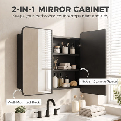 30 x 24 Inch Bathroom Medicine Cabinet, Mirror, Shelves, Black