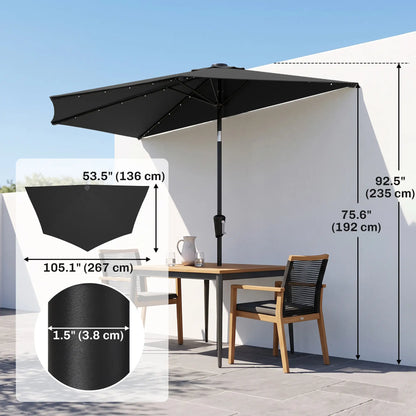 Half Outdoor Patio Umbrella, Solar LED Lights, Crank, 105.1" x 53.5", Black Half Round Umbrellas at Gallery Canada