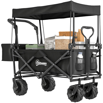 80L Folding Wagon Cart, Heavy-Duty Collapsible, Adjustable Handle, Black Folding Garden Carts at Gallery Canada