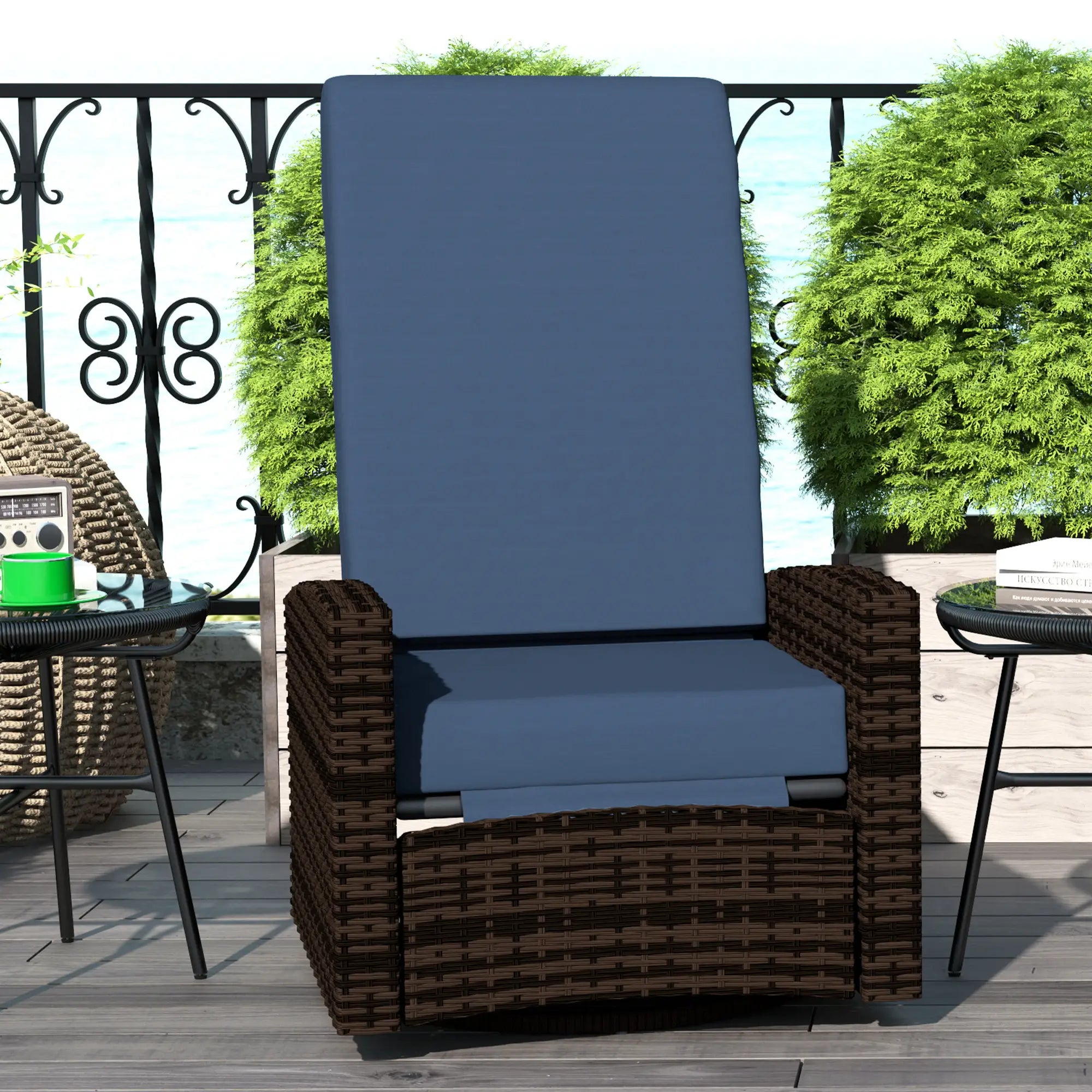 Outdoor Rattan Wicker Lounge Chair with Footrest &; Soft Cushion for Patio, Garden, Backyard, Dark Blue Patio Chairs at Gallery Canada