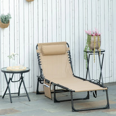 Outdoor Folding Chaise Lounge, Adjustable Backrest, Removable Pillow, Beige