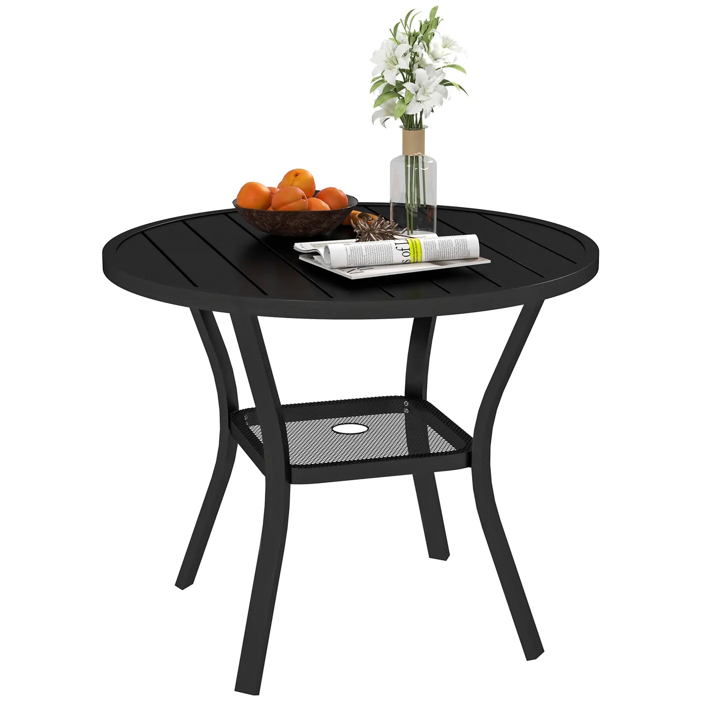 35.5" Round Outdoor Dining Table, Metal Patio Table With Umbrella Hole, Black Patio Dining Tables at Gallery Canada
