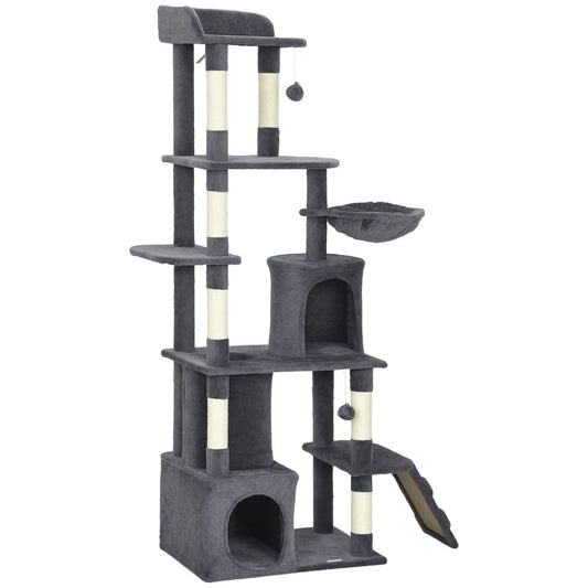 67 Inch Large Cat Tree, 7 Scratching Posts, Tunnel, 2 Condos, Hammock, Dark Grey