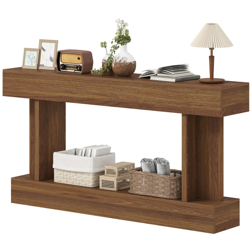 63 Inch Console Table, Vintage Narrow Entryway with Storage Shelf, Dark Brown