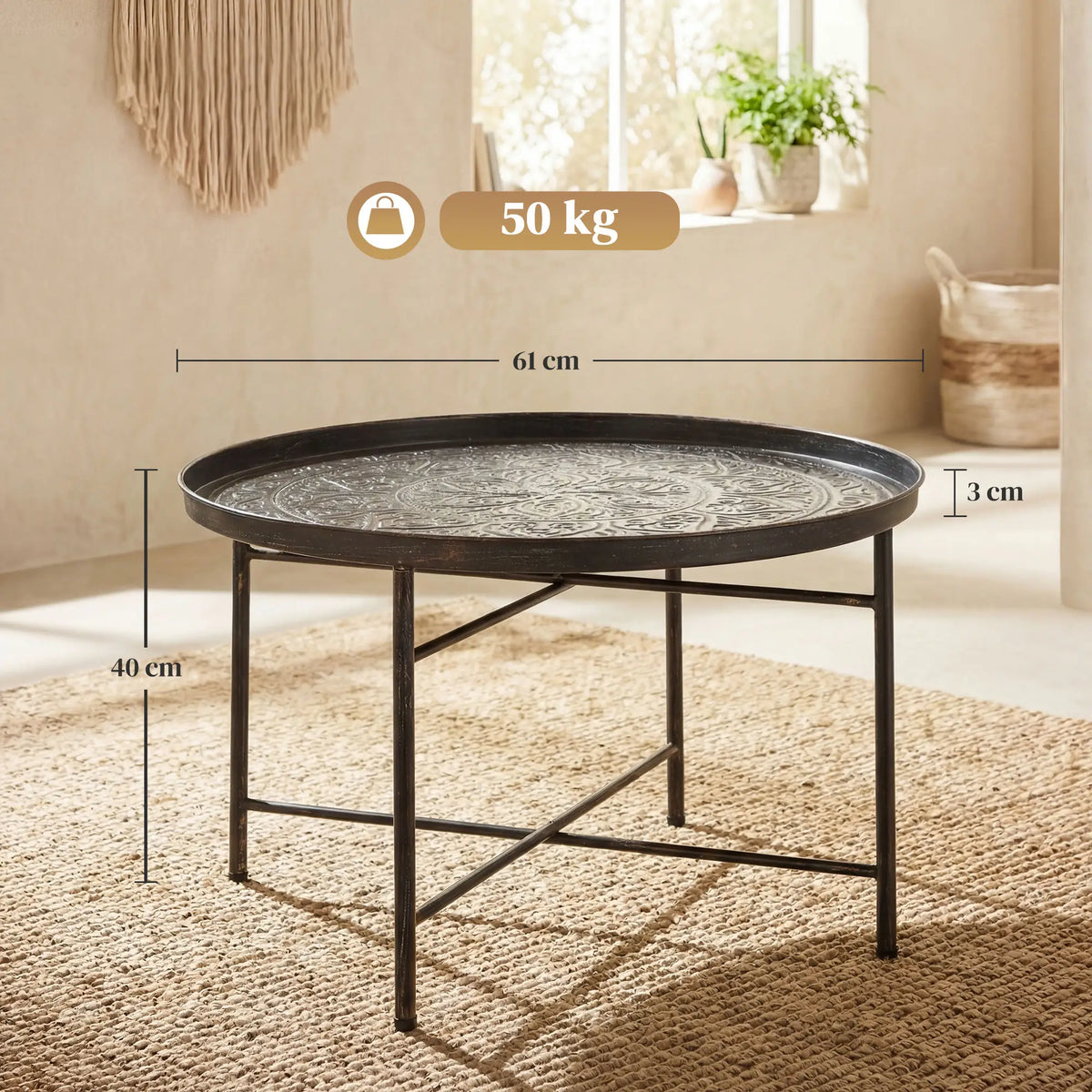 Vintage Coffee Table, 24" Round, Hammered Tray Top, Metal Frame, Pewter Coffee Tables at Gallery Canada