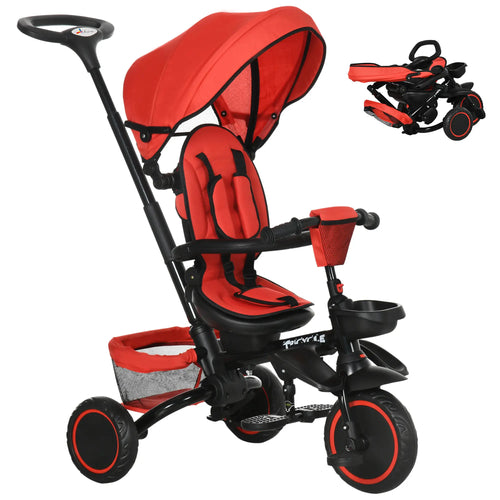 6-in-1 Toddler Tricycle, Foldable, Adjustable Seat, Push Handle, Red