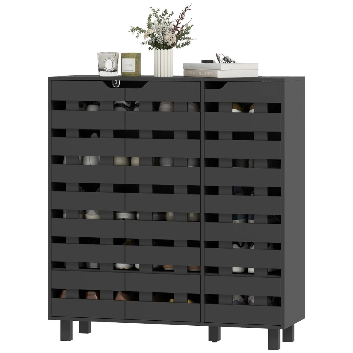 Shoe Cabinet, 20 Pair Storage with Hollowed-Out Doors, Black Shoe Storage Cabinets & Racks at Gallery Canada