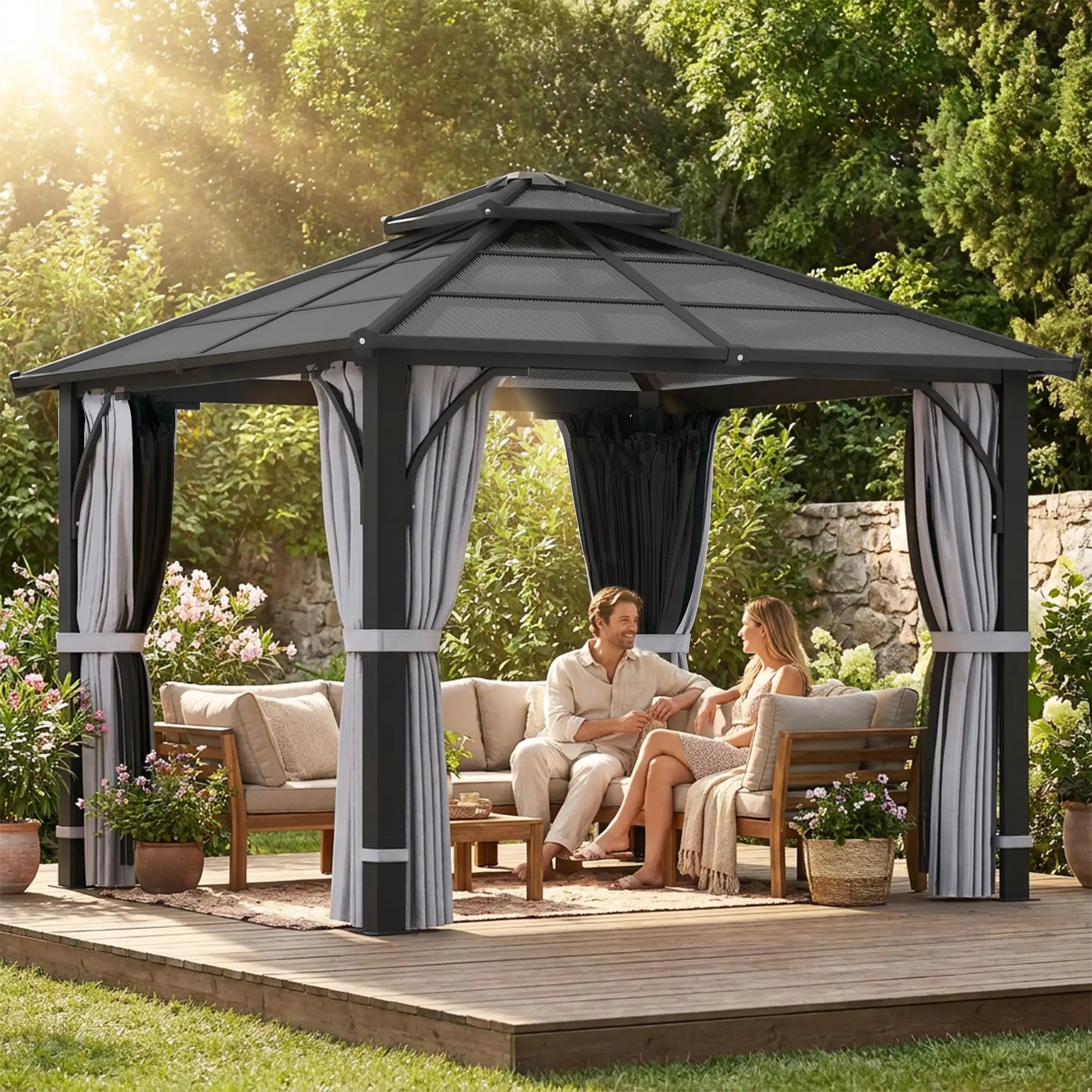 10' x 10' Hardtop Gazebo, 7mm Double Polycarbonate Roof, Netting, Curtains Gazebos at Gallery Canada