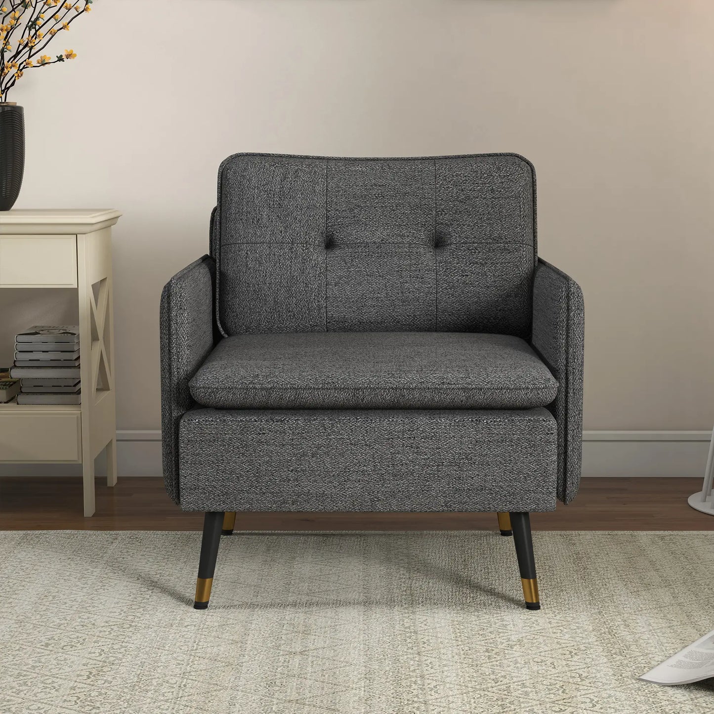 Modern Armchair, Upholstered Accent Chair, Tufted Back, Steel Legs, Dark Grey Accent Chairs at Gallery Canada