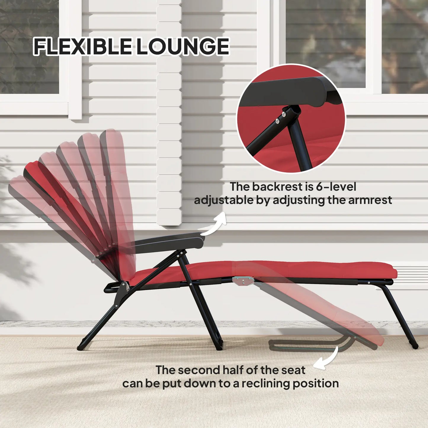 Foldable Reclining Patio Lounge Chair, 6-Position Adjustable, Wine Red Lounger Chairs at Gallery Canada