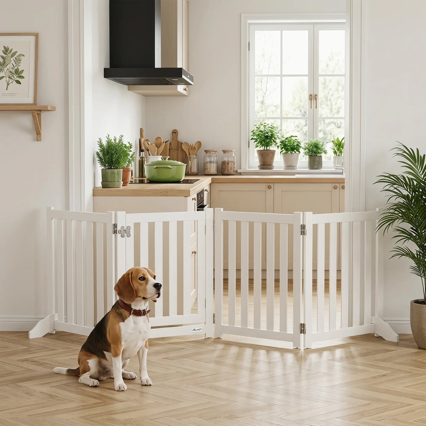23.5"H Foldable Dog Gate with Door, 4 Panels, White Houses, Kennels & Pens at Gallery Canada