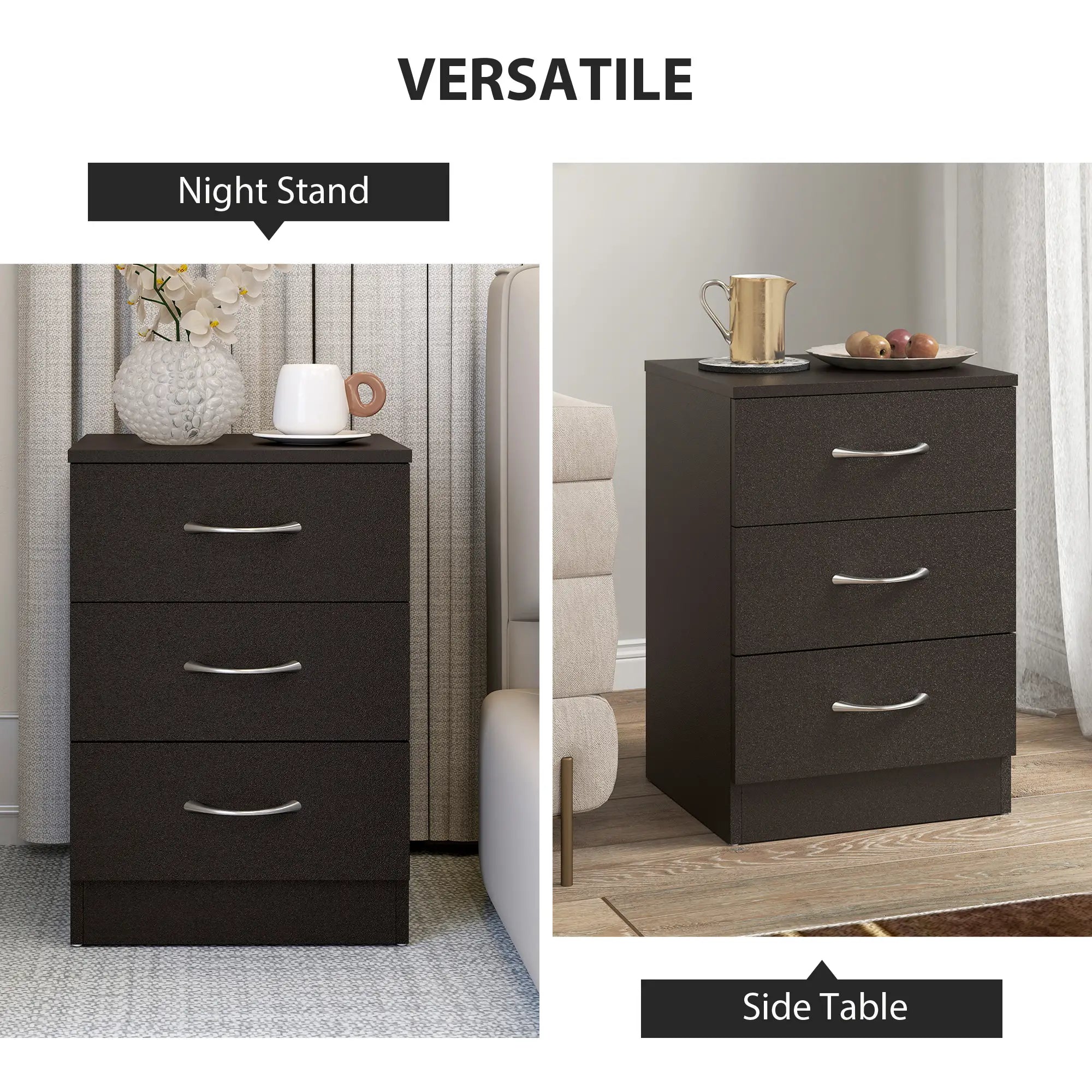 Modern Night Stand, 3 Drawers, Metal Rail, Dark Brown Bedside Tables at Gallery Canada