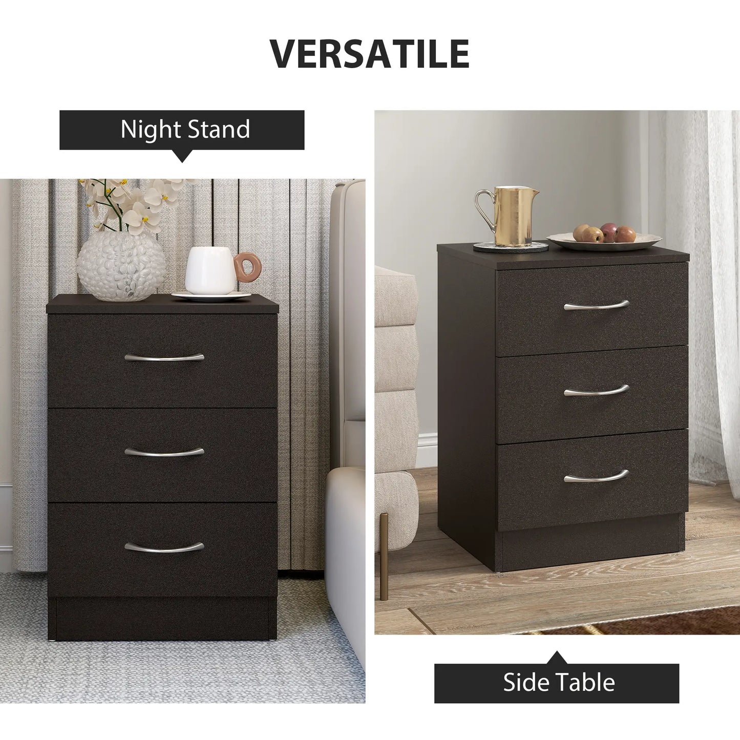 Modern Night Stand, 3 Drawers, Metal Rail, Dark Brown Bedside Tables at Gallery Canada