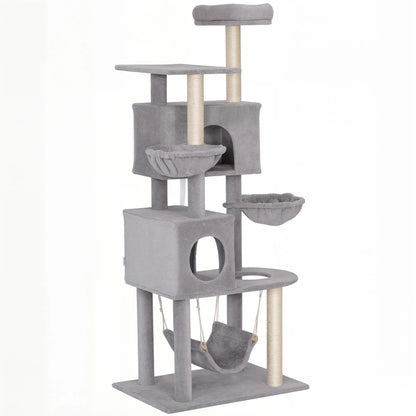 66 Inch Cat Tree with 2 Door Condos, 3 Hammocks, Perch, Scratching Posts, Light Grey Cat Trees Light Grey at Gallery Canada