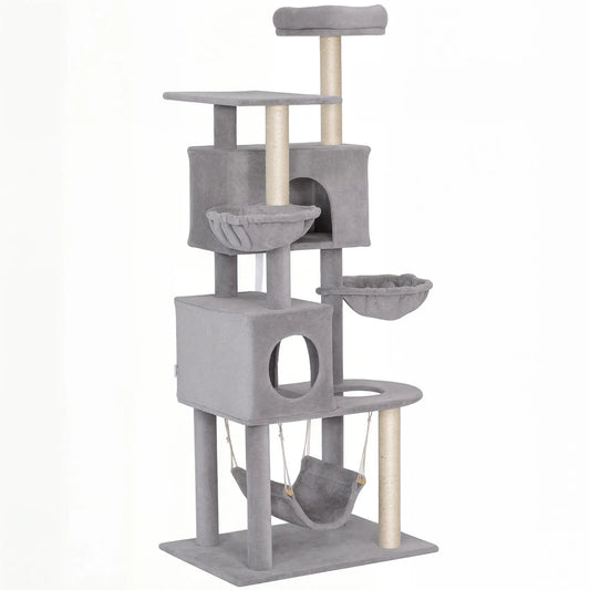 66 Inch Cat Tree with 2 Door Condos, 3 Hammocks, Perch, Scratching Posts, Light Grey Cat Trees Light Grey at Gallery Canada