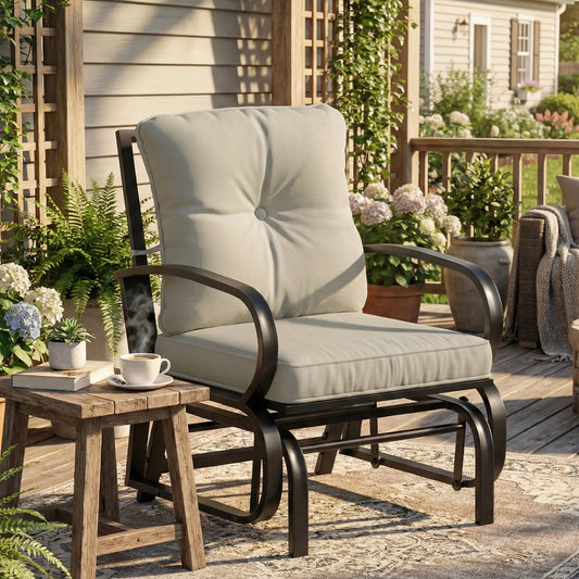 Patio Glider Chair With Cushions, Steel Frame, Curved Armrests, Beige Outdoor Gliders Black, Beige at Gallery Canada