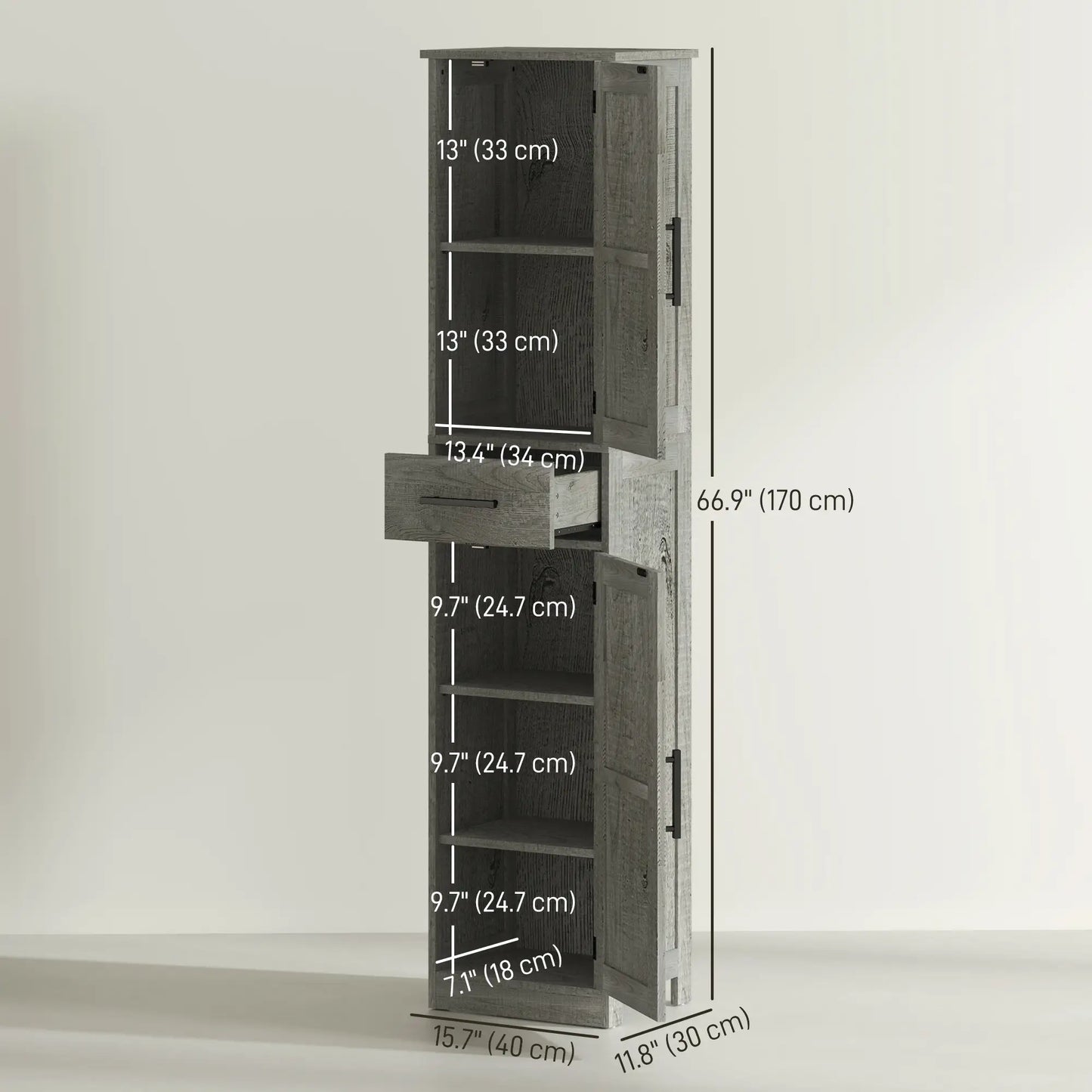 67" Tall Narrow Bathroom Cabinet, Adjustable Shelves, Barn Doors, Dark Grey Bathroom Cabinets at Gallery Canada