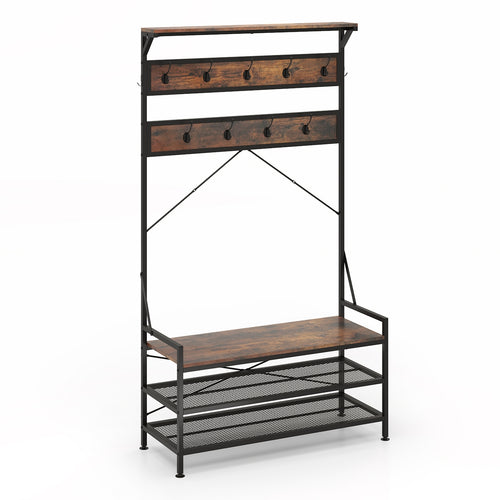 Coat Rack 4-In-1 Hall Tree with 11 Hanging Hooks Shoe Bench, Rustic Brown
