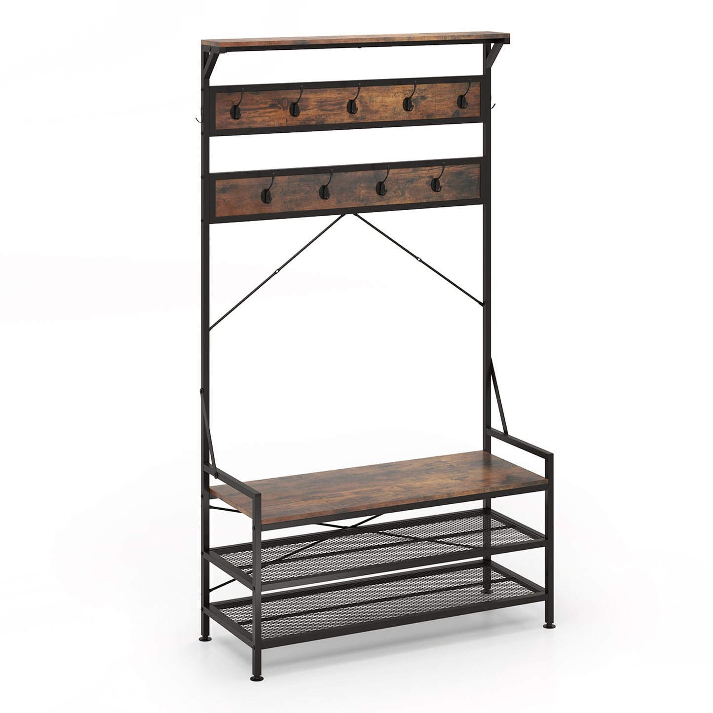 Coat Rack 4-In-1 Hall Tree with 11 Hanging Hooks Shoe Bench, Rustic Brown Coat Racks & Hall Trees at Gallery Canada