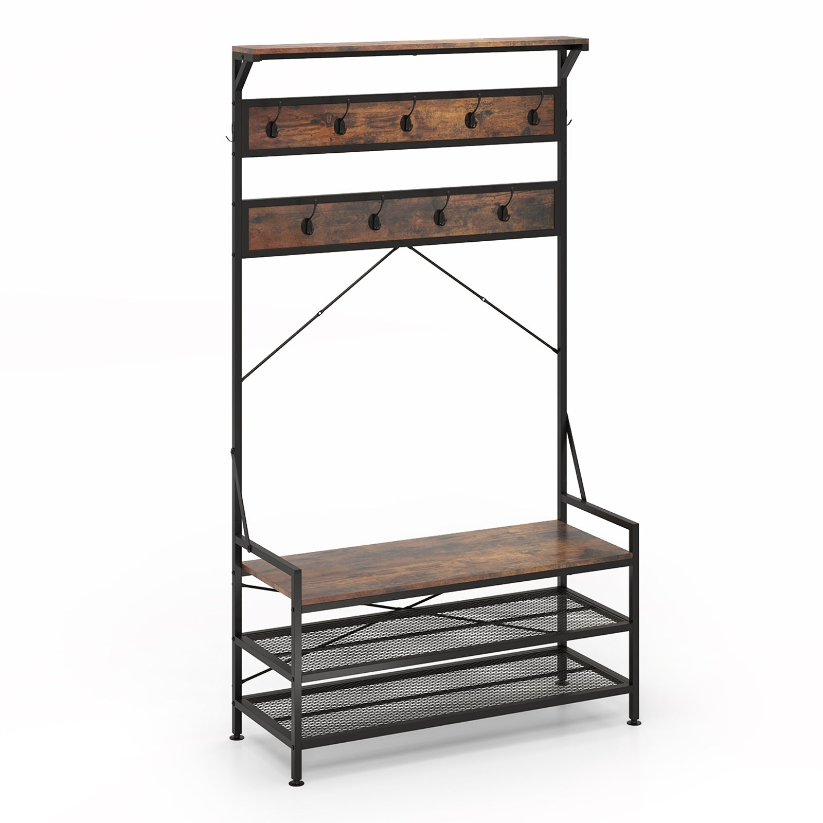 Coat Rack 4-In-1 Hall Tree with 11 Hanging Hooks Shoe Bench, Rustic Brown Coat Racks & Hall Trees at Gallery Canada