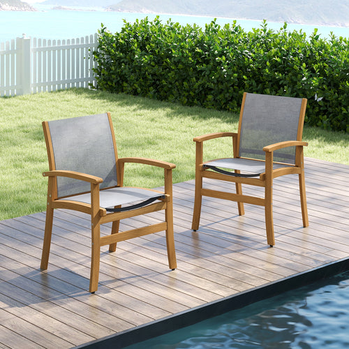 Set Of 2 Patio Dining Chairs, Breathable Fabric, Acacia Wood Frame, Gray
