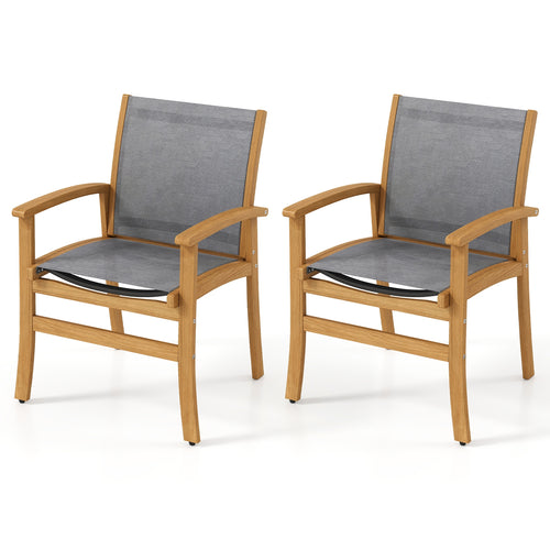 Set Of 2 Patio Dining Chairs, Breathable Fabric, Acacia Wood Frame, Gray
